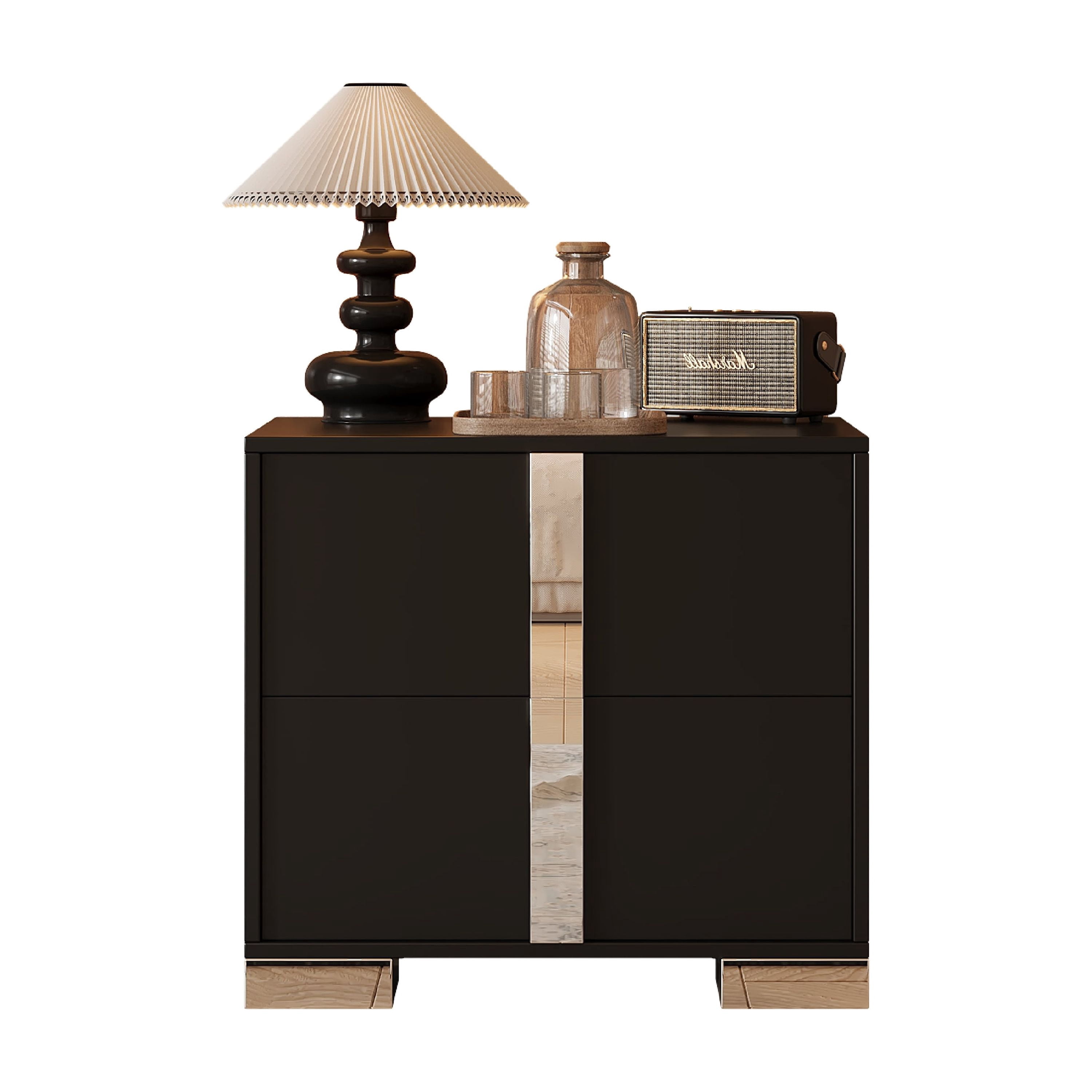 Euroco Wooden Nightstand with 2 Drawers & Metal Foot,Mirrored Bedside Table for Bedroom, Living Room,Black