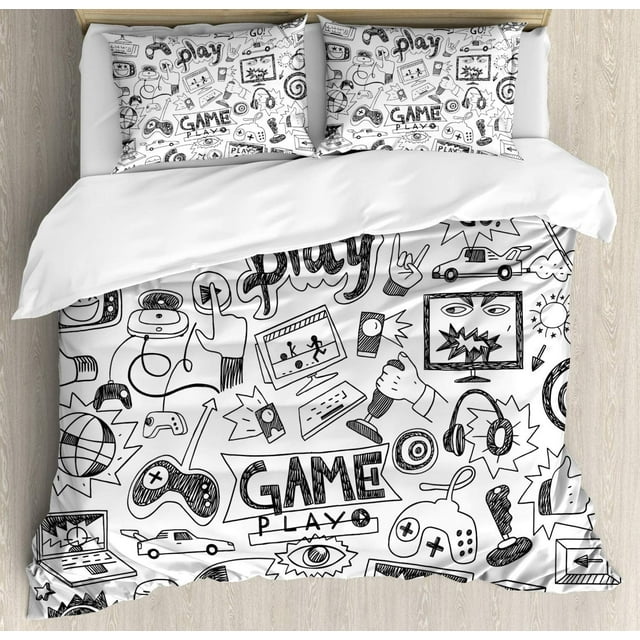 HSHDLDF Video Games Duvet Cover Set King Size, Monochrome Sketch Style Gaming Design Racing Monitor Device Gadget Teen 90's, Decorative 3 Piece Bedding Set with 2 Pillow Shams, Black White