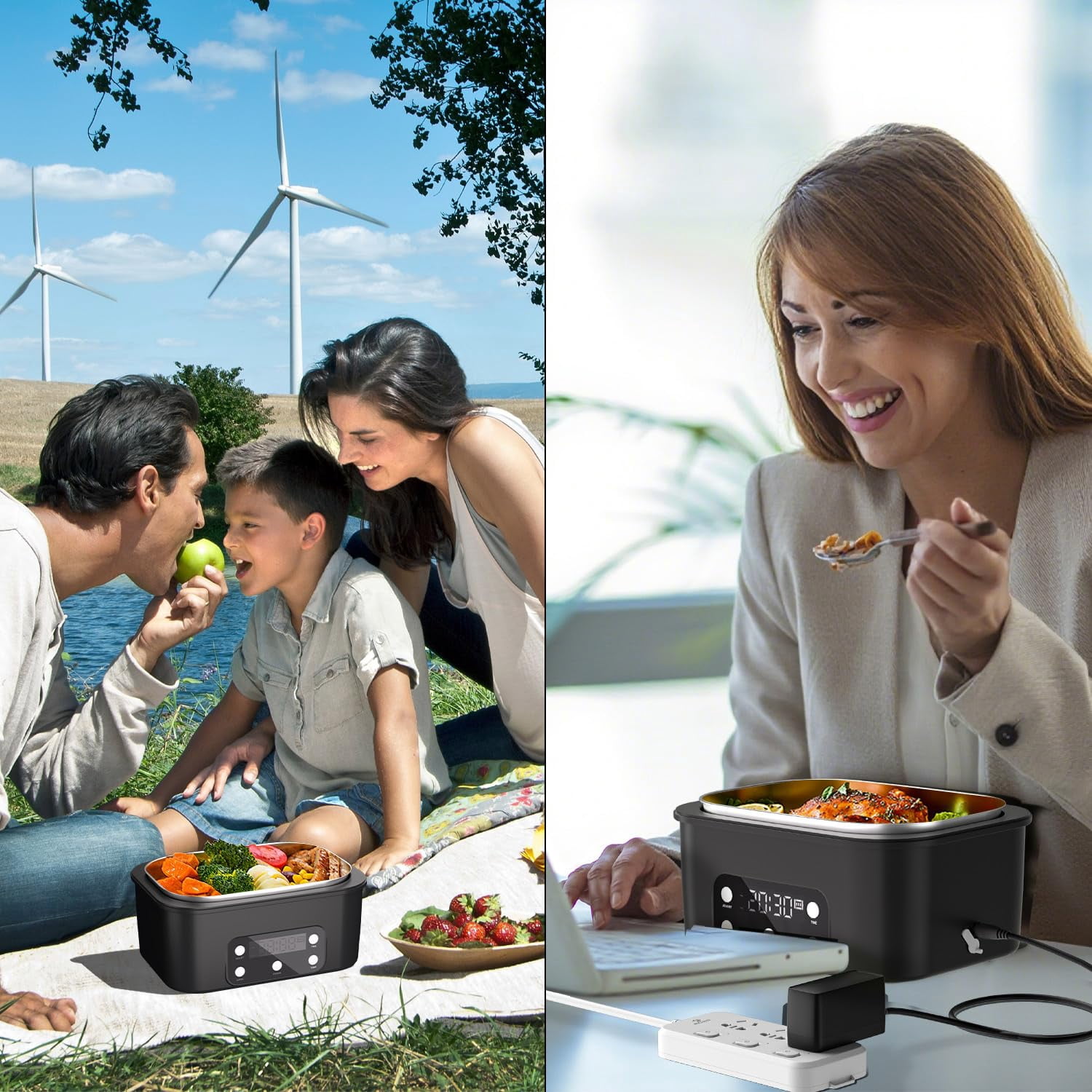 Cordless Electric Lunch Box, Smart Timer Auto Heating Leakproof Bento Food Warmer with 6.7 Cup for Work, Car, Home, Outdoor (Black)
