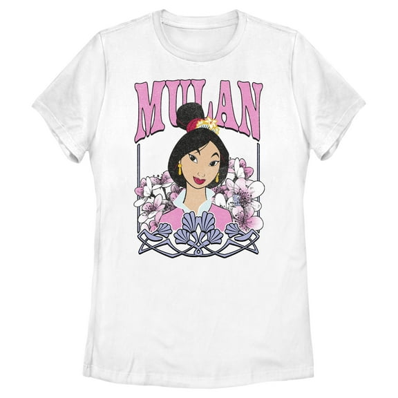 Women's Mulan Distressed Floral Portrait Graphic Tee White Medium