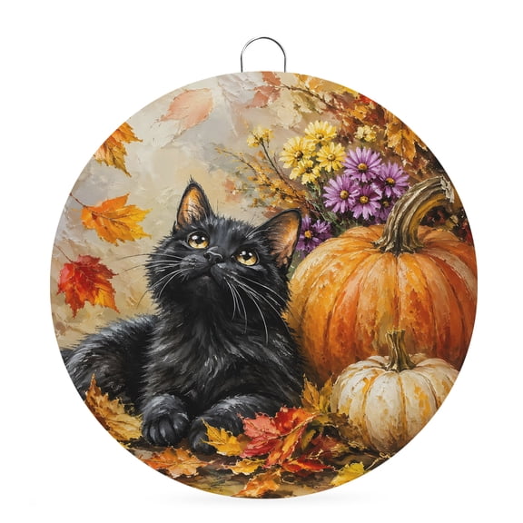 Welcome Sign Front Door Decorations, Pumpkins Black Cat Fall Round Wall Art Outdoor Metal Wreaths, Thanksgiving Maple Leaves Seasonal Hanging Sign for Home Porch Decor Warming Gift 6 In