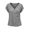 thumbnail image 4 of Favoffer Women's Plaid Pullovers V Neck Short Sleeve Button Placket Grid Weave Loose Silhouette Daily Shirts Picnic Gathering Weekend Rest, 4 of 8