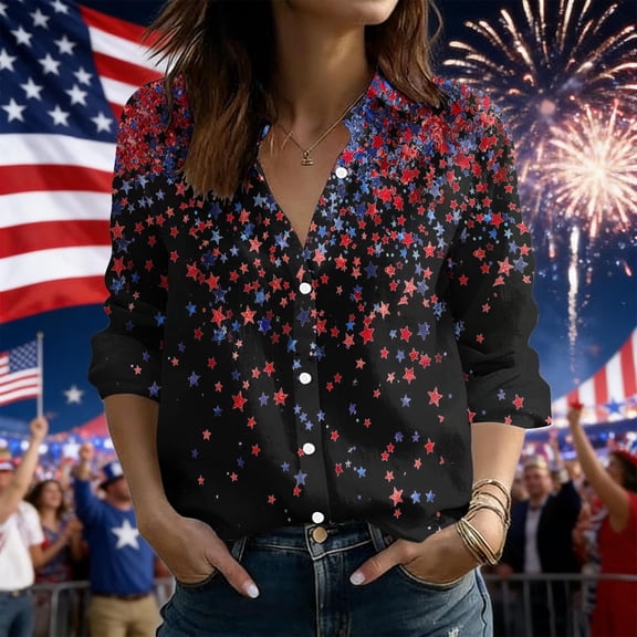 Xdegoge 4th of July Independence Day Shirt for Women Long Sleeve Button Down V Neck Patriotic Star Print Graphic Blouse Casual Summer American Flag Festival USA Tops