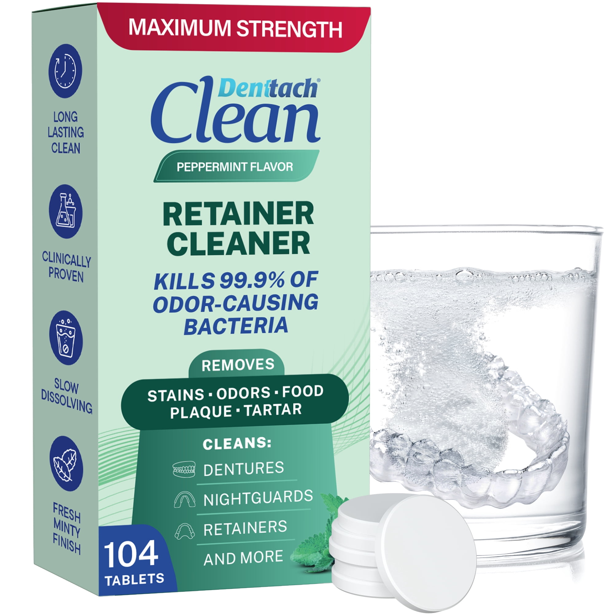 Denttach Clean Retainer and Denture Cleaner Tablets, Maximum Strength Cleaning Formula, Peppermint Fresh, 104 Count