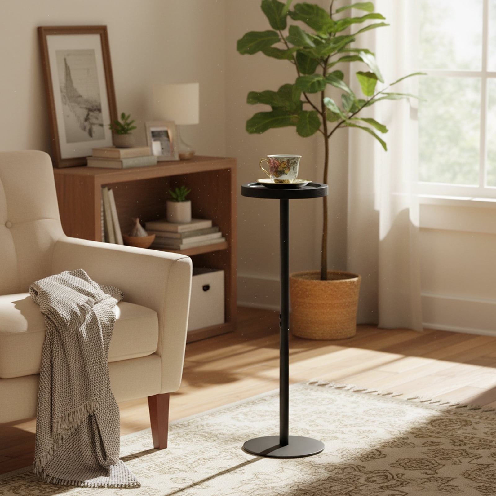 ManyFun Drink Table, Small Pedestal Side Table, Round Cocktail Table, Circle End Table with Metal Base, for Small Spaces, Walnut Brown & Black