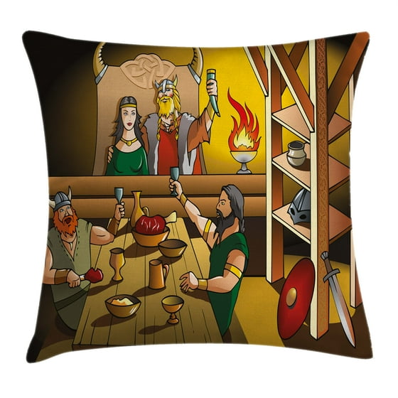 Cartoon Throw Pillow Cushion Cover, King and Queen Feasting with Brave Warriors Ancient ...