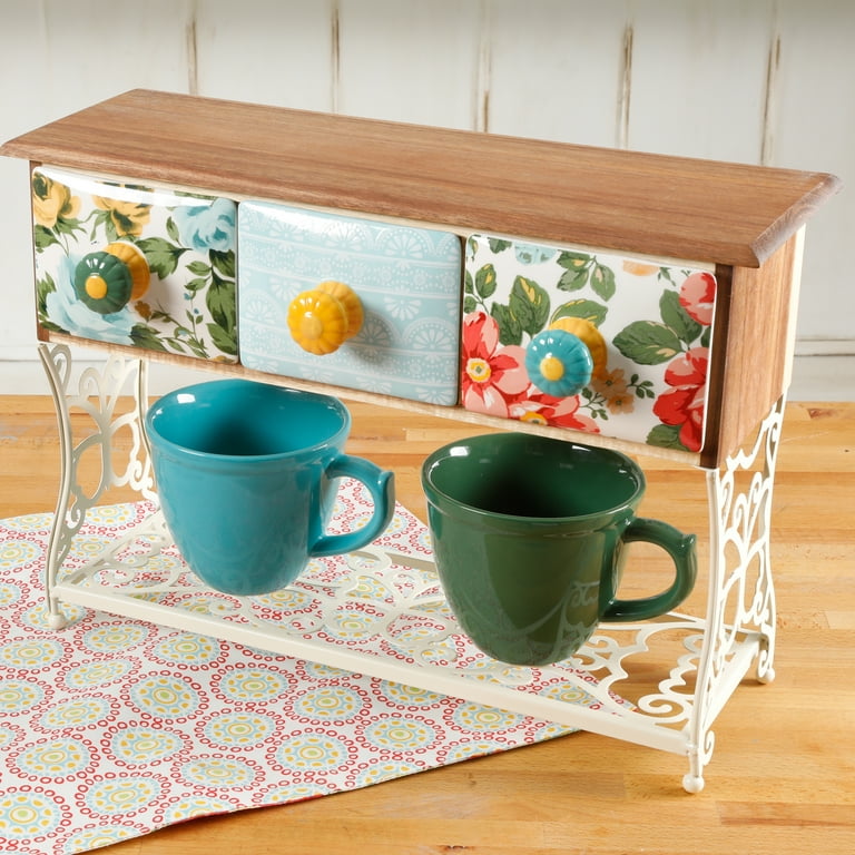 Pioneer Woman Holiday Mug Tea Rack Shelf + 2 Mugs Ceramic / selling Wood / 3 Drawers