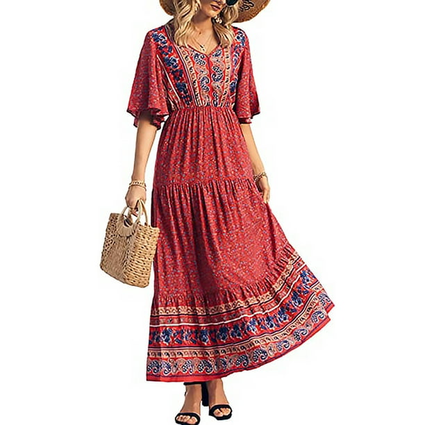 VISgogo - Vestido informal para mujer, diseño bohemio, manga corta, cuello en V, verano, playa, vacaciones, vestido elegante VISgogo moda