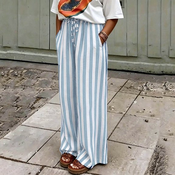 Ndbuld Pants for Women Women Fashion Summer Stripe Casual Trousers Elastic Waist Pants With Pocket,Dark Blue,M