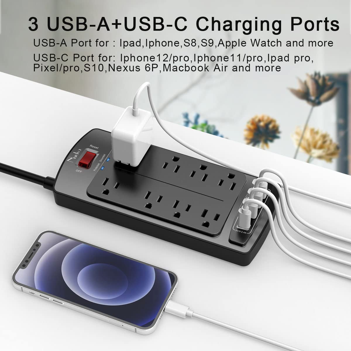 RGHJAR-Surge Protector Power Strip - Flat Plug Extension Cord with 8 Outlets and 4 USB Ports, 6 Feet Power Cord (1625W/13A), 2700 Joules, ETL Listed, Black