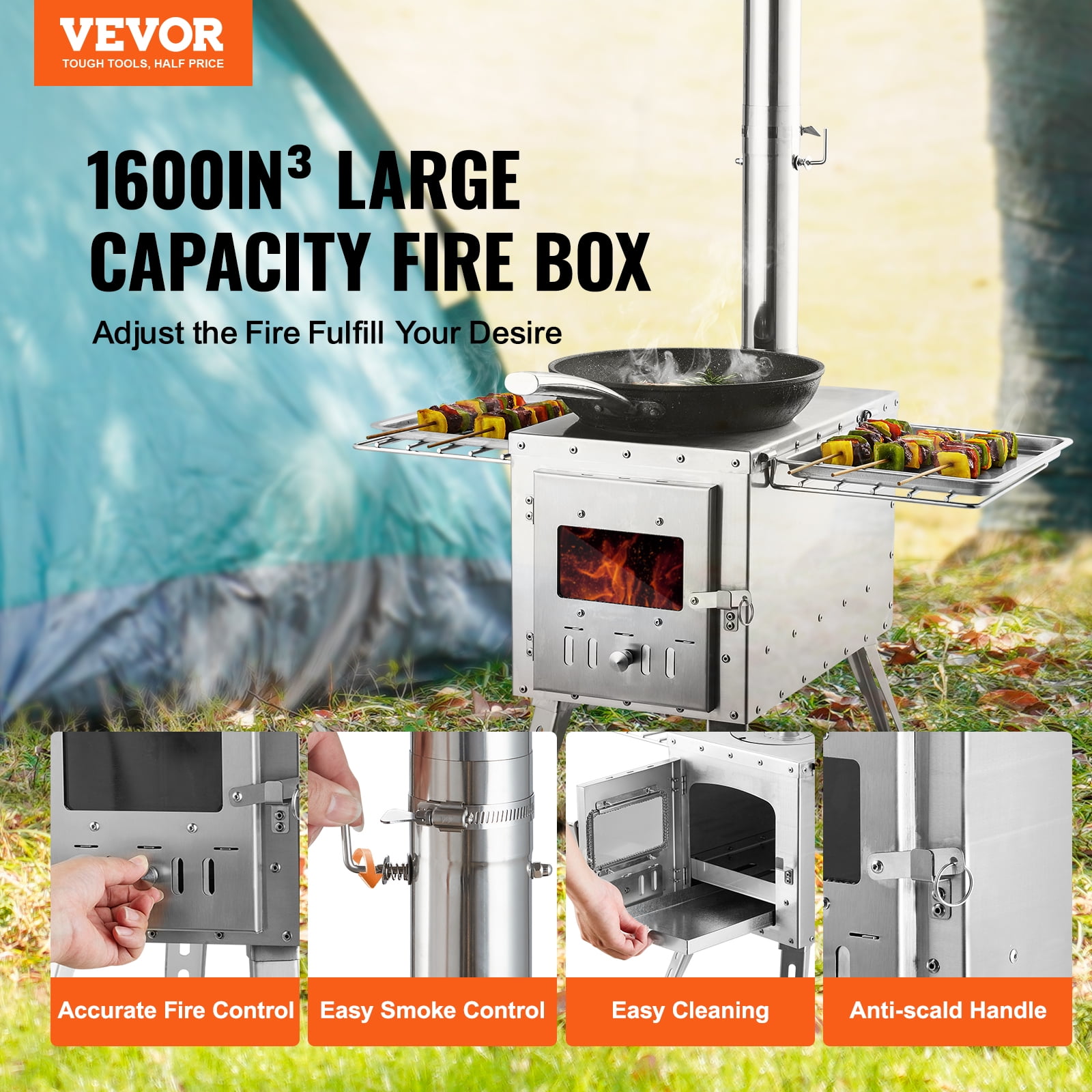 VEVOR Wood Stove, 86 inch, Stainless Steel Camping Tent Stove, Portable Wood Burning Stove with Chimney Pipes & Gloves, 1646in³Firebox Hot Tent Stove for Outdoor Cooking and Heating with 8 Pipes