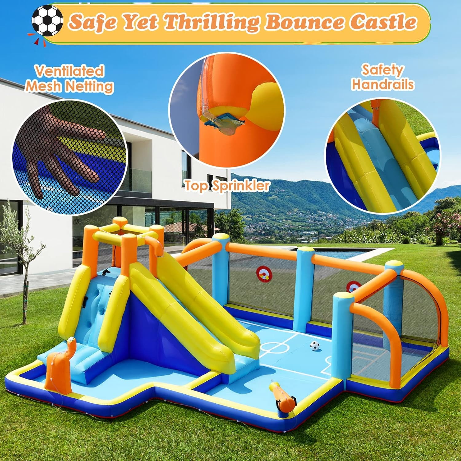 OLAKIDS Inflatable Water Slide, 8 in 1 Bounce House Water Park with Soccer Goals Splash Pool Climbing Wall Water BlasterTarget Game, Outdoor Inflatable Obstacle Course for Kids Backyard (with Blower)