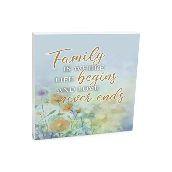 Family Love Never Ends Pastel Blue Floral 10 x 10 Wood Tabletop Sign Plaque