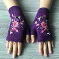 thumbnail image 2 of KHONTS Women's Hand Embroidered Knitted Flower Fingerless Gloves 01-Dark Purple One Size, 2 of 3