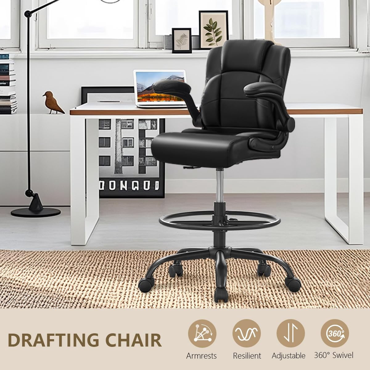 JONPONY 500 lbs Tall Office Chair with Flip-up Armrests for Standing Desk Executive Ergonomic Computer Leather Desk Chair with Lumbar Support, Adjustable Foot Ring for Home,Black