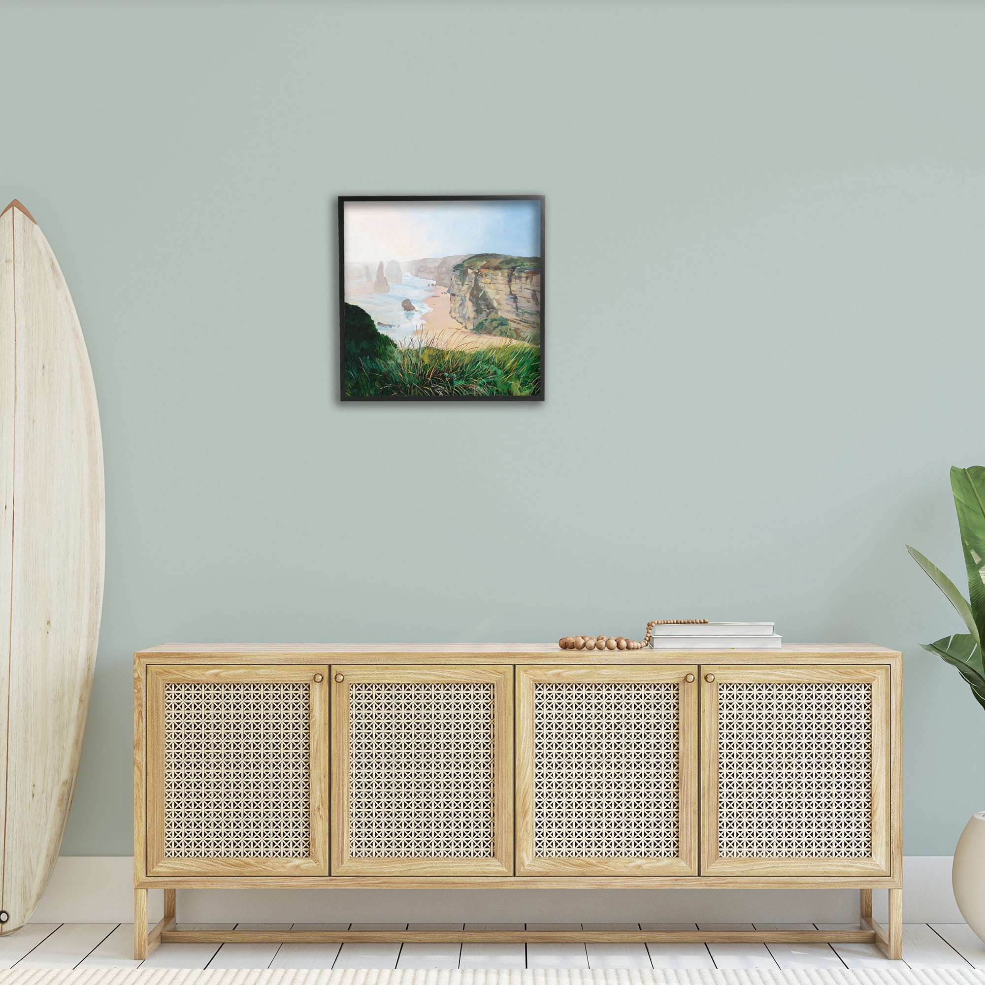Stupell Industries Nautical Beach Cove Landscape Painting Black Framed Art Print Wall Art, 24 x 24