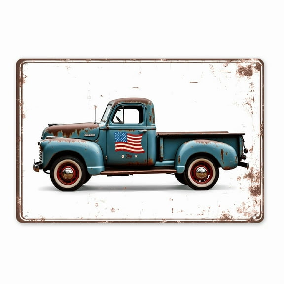YNLLOOFA Vintage Blue Truck with American Flag Metal Wall Art - Rustic Aluminum Sign for Home, Bar, Cafe Garage Decor, 2D, Perfect for Room Decor