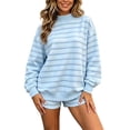thumbnail image 2 of QTISFD Two Piece Sweat Set for Womens Mock Neck Long Sleeve Striped Oversized Sweatshirt Lightweight Loose Comfy Shorts Pants Sets, 2 of 5