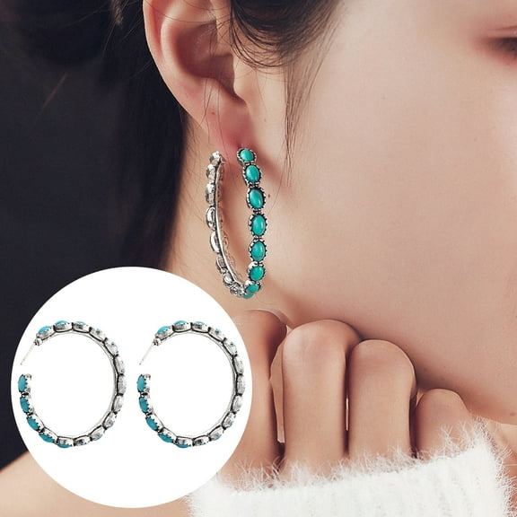 Eoperou Vintage Turquoise Hoop Earrings Boho Style Circle Statement Earrings Elegant Plated Jewelry for Women