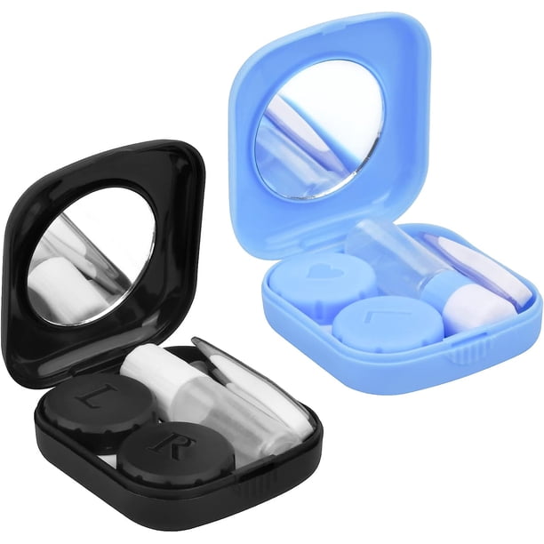 2 piezas Estuche de viaje para lentes de contacto, caja para lentes, mini soporte portátil para lentes de contacto, caja para lentes con espejo, pinzas, botella con palo para viajar al aire libre, az