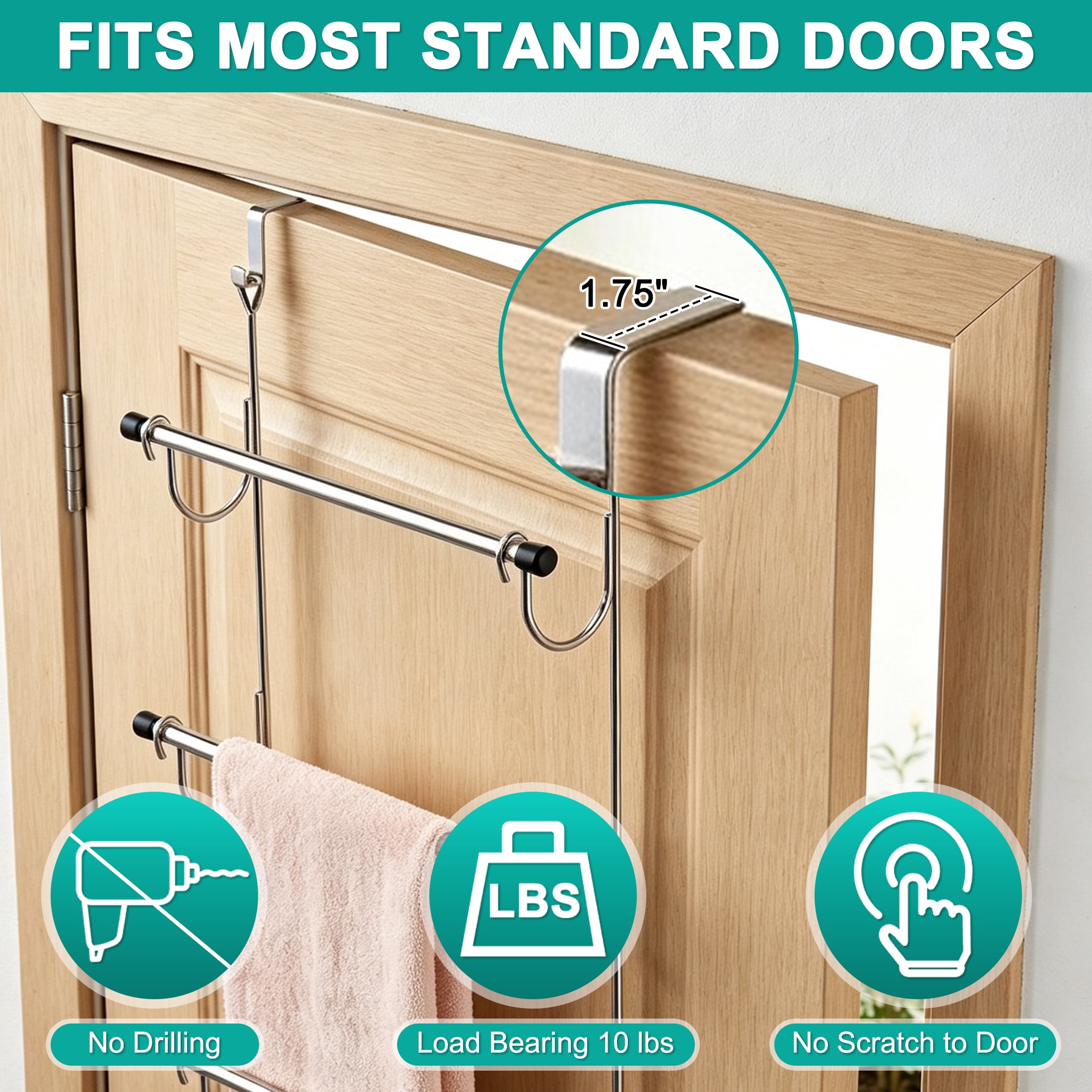 3 Tier Over The Door Towel Rack, No Drill Stainless Steel Towel Holder, Space Saving Door Hanging Towel Rack for Bathroom Storage