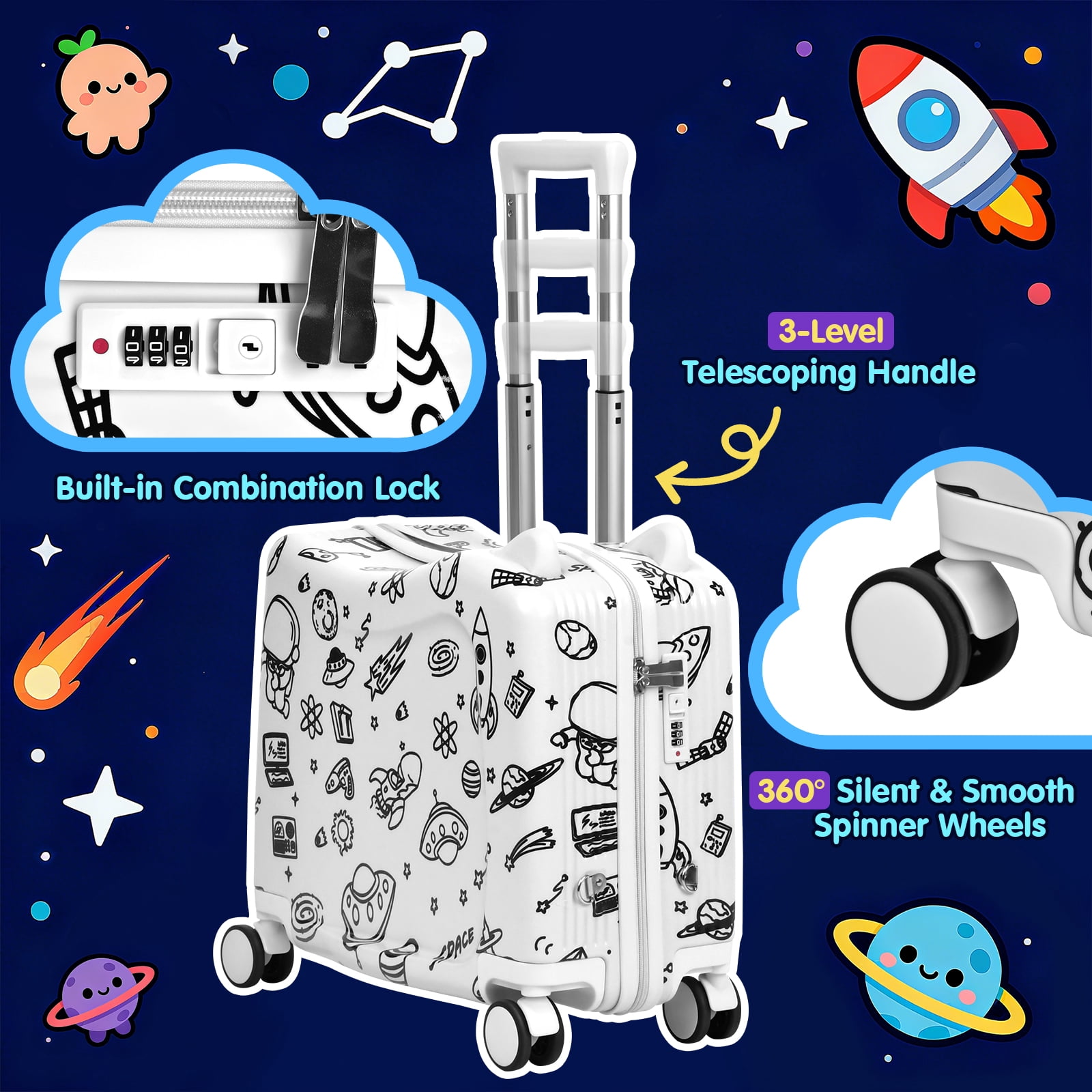 Advwin 20" Ride On Suitcase for Kids, Fun DIY Coloring Carry-On Luggage with 24 Waterproof Markers, Pull Strap & Spinner Wheels, Hardshell Rideable Travel Luggage for Children, White