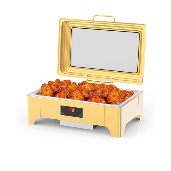 Bandeja eléctrica profesional para buffet de 9QT con pantalla táctil – Acero inoxidable, tapa abatible, ideal para catering, bodas y eventos – Calentador y servidor – Acabado dorado, Gold plating