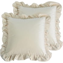 1997 Velvet Ruffle Throw Pillow Covers Couch, Set of 2 Decorative Pillowcases with Ruffles 20x20 Inch Solid Color Shabby Chic Farmhouse Cushion Cover for Living Room Sofa Bed, Beige