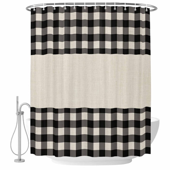 Retro Black Shower Curtain Set - Extra Long 72" x 96" Washable Bathtub Curtain with 12 Hooks, Farmhouse Buffalo Plaid Vintage Beige Waterproof Fabric Stall Shower Curtains for Bathroom/Bathtub Décor