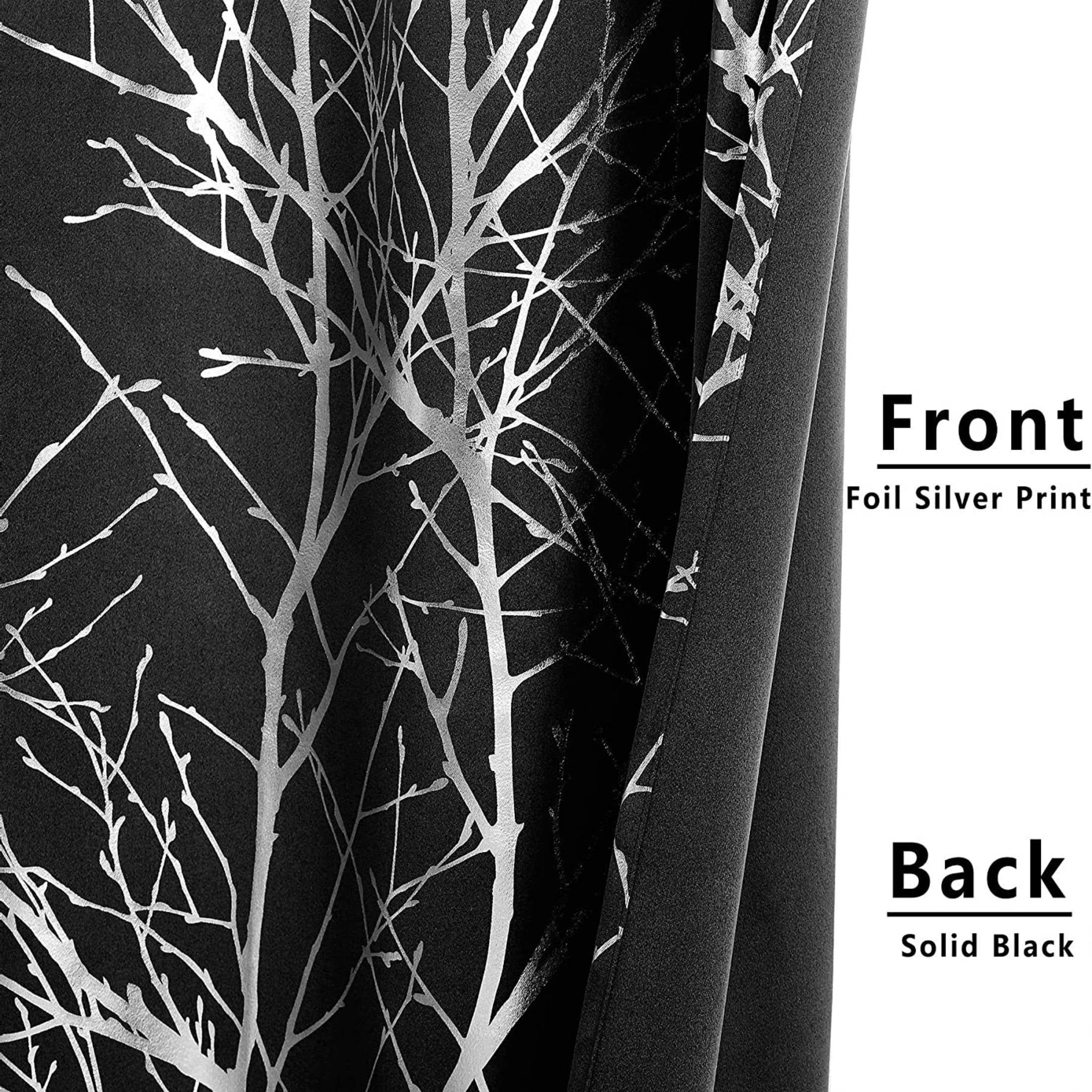 Decoultimatex Tree Branch Blackout Window Curtain Panels Black Silver Metallic Print Room Darkening Window Drapes for Bedroom Office, Grommet Top, 50"x 63"x 2