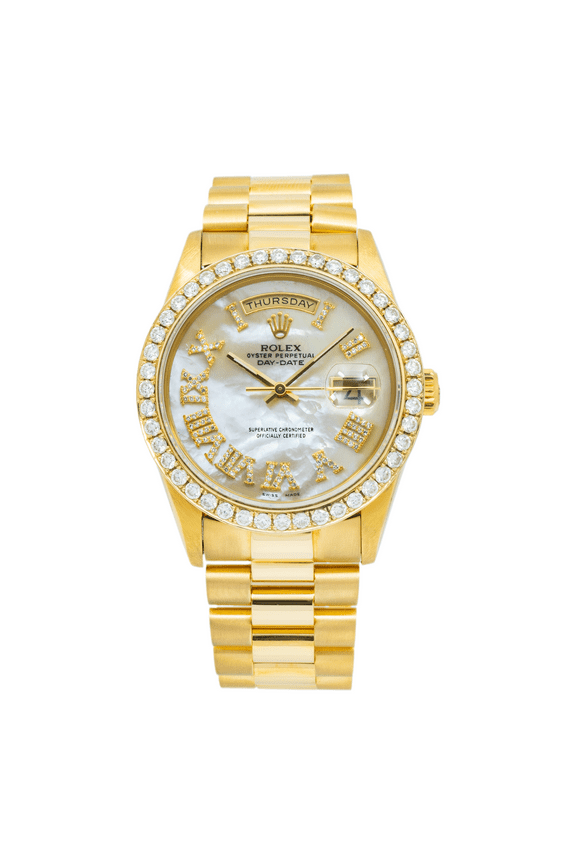Pre-Owned Rolex Day-Date 18238 36MM White Mother Of Pearl Diamond Roman Dial And Bezel With Yellow Gold Presidential Bracelet