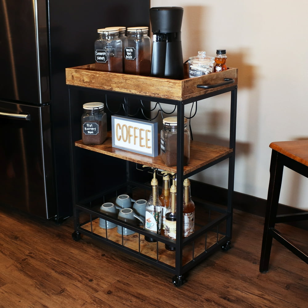 Sunnydaze Industrial Rolling Bar Cart for the Home 3Tier Beverage