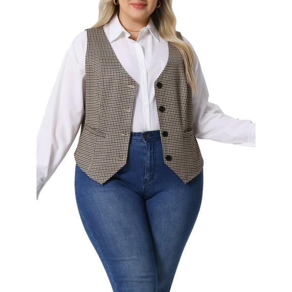 Agnes Orinda Plus Size Vest for Women Plaid Sleeveless Button with Pockets Vests 1X Brown