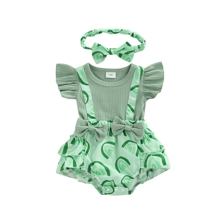 

Binpure Baby Girl s Two-Piece Suit Rainbow Print Ruffle Fly Sleeve Romper + Headband