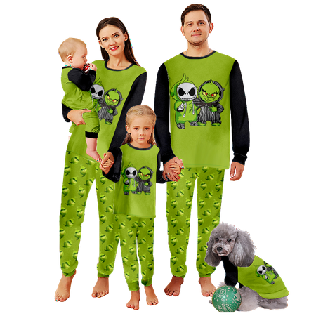 

FUNIER Holiday Family Matching Christmas Pajamas Sets Merry Christmas Claus Cartoon Green Print Baby-Kids-Adult-Pet Size 2 Pieces Top and Pants Bodysuits Unisex Pajamas Set