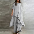 thumbnail image 5 of Stichou Women's 2 Piece Linen Set Solid Color Long Sleeve Irregular Hem Top and Wide Leg Swing Pants Trousers Suits Light Gray S, 5 of 6