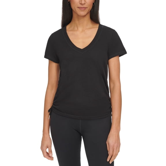 Calvin Klein T-Shirt Women XS Black Textured V-Neck Drawstring Ruched Top FTS564