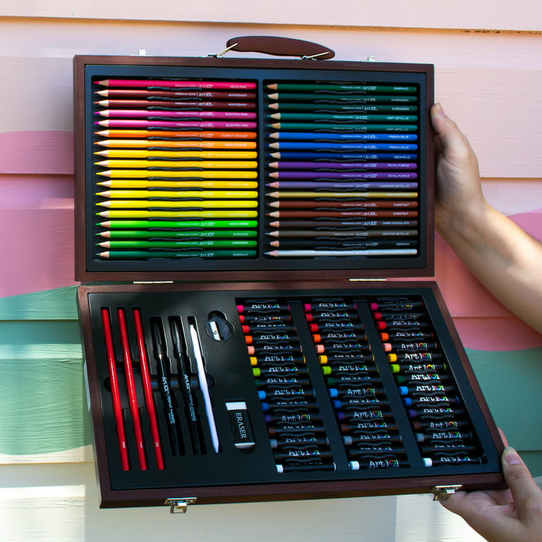 Art 101 Doodle and Color 142 Pc Art Set in a Wood Carrying Case, Includes  24 Premium Colored Pencils, A variety of coloring and painting mediums