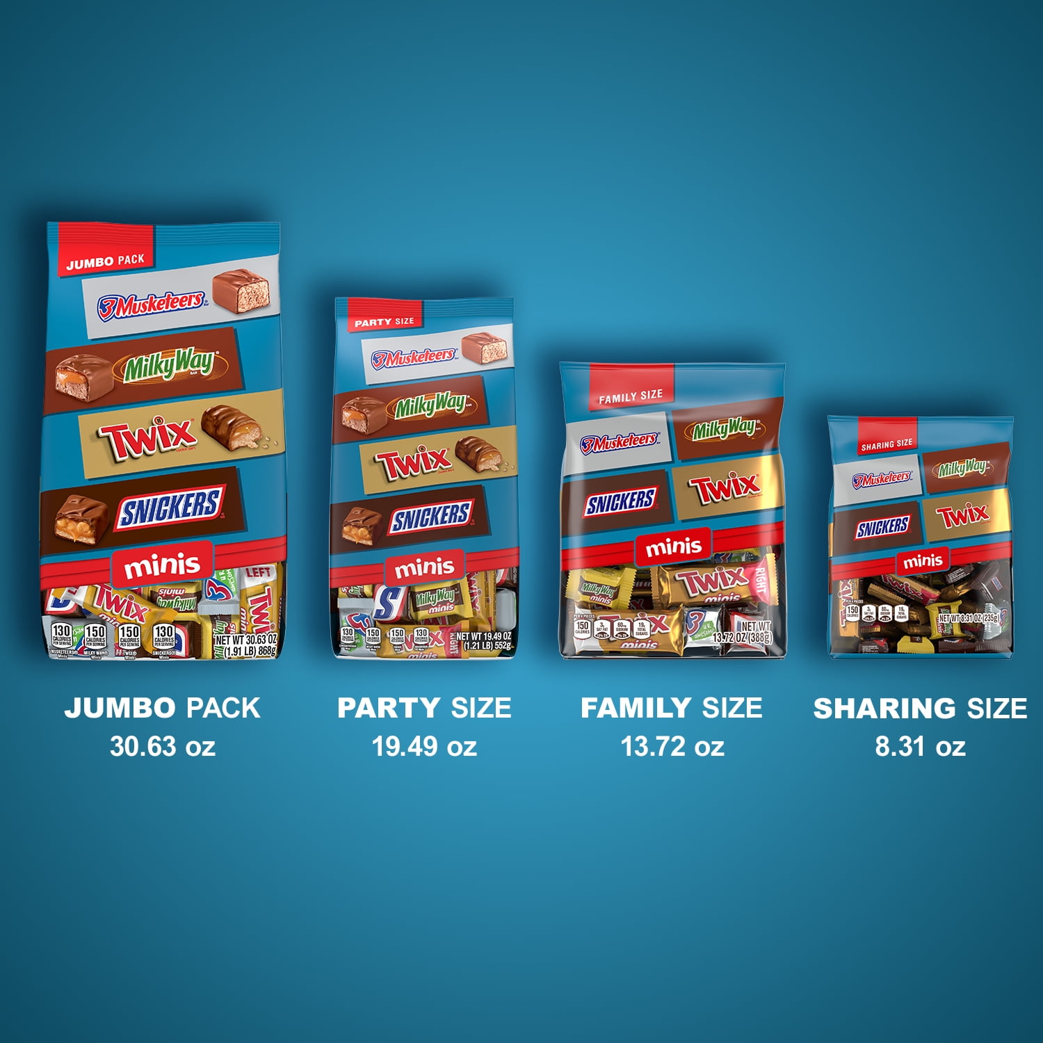 (4 pack) Snickers, Twix & More Minis Chocolate Candy Bars Variety pack - 30.63 oz Bulk Bag