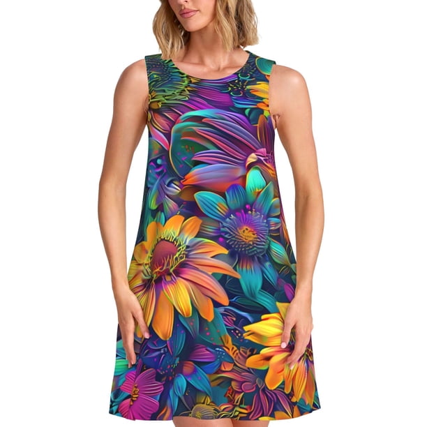 Disketp Psychedelic Sunflowers para Vestido sin Mangas para Mujeres, Vestidos de Verano para Mujeres, Casual y Holgado para la Playa