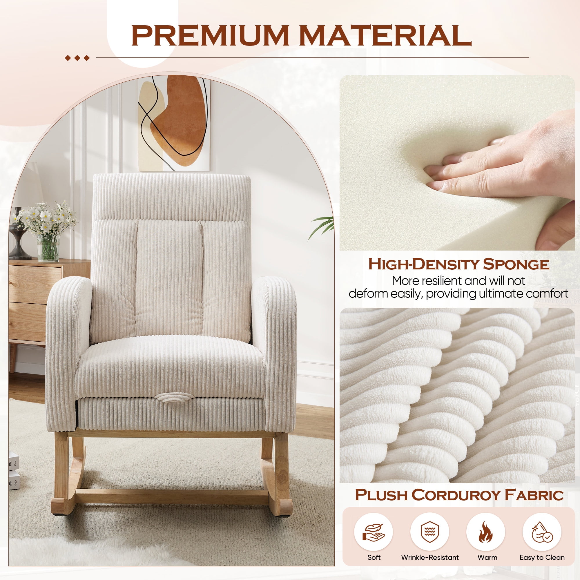 FFH Rocking Chair for Nursey, Rocking Chair with Footrest, Corduroy Armchair with High Backrest and Side Pockets, Accent Chair for Living Room, Bedroom, Beige