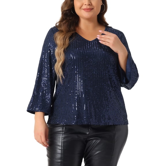 Agnes Orinda Women's Plus Size Sequin Top 3/4 Sleeve V Neck Glitter Evening Sparkle Shimmer Party Blouses 1X Navy Blue