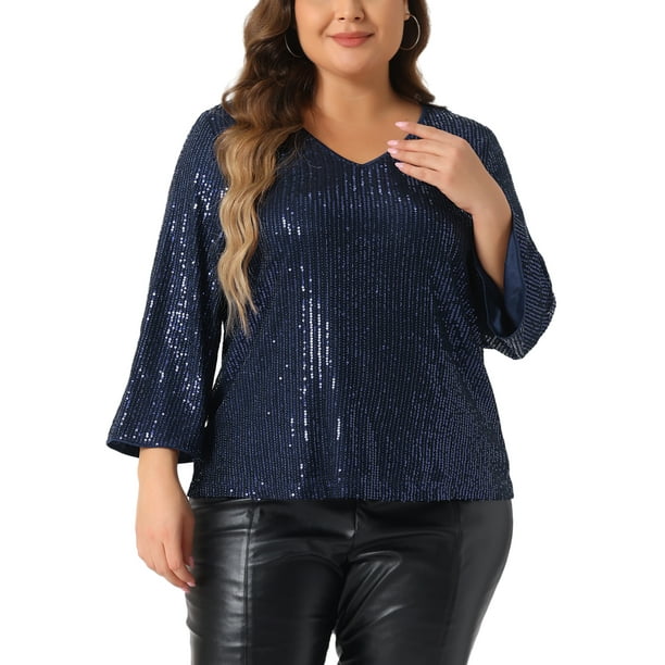Top de lentejuelas para mujer de tallas grandes GRACE & GRANDEUR, con mangas 3/4, escote en V, brillo para la noche, blusas de fiesta 1X azul marino