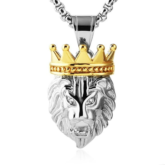 HZMAN Men's Silver Gold Tone Stainless Steel Lion King Pendant Necklace Cable Wheat 22 2" Chain (Silver & Gold)