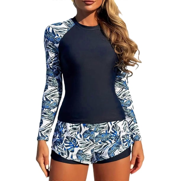 Women Floral Print Swimwear with Shorts Two Pcs Tankini Swimsuit Ladies Long Sleeves Bathing Suit for Vacations XL