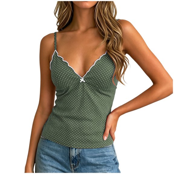 idosla Women's Polka Dot Cami Y2k Lace Trim V Neck Spaghetti Strap Cute Bow Camisole Trendy Going Out Tank Top (Green, XL)