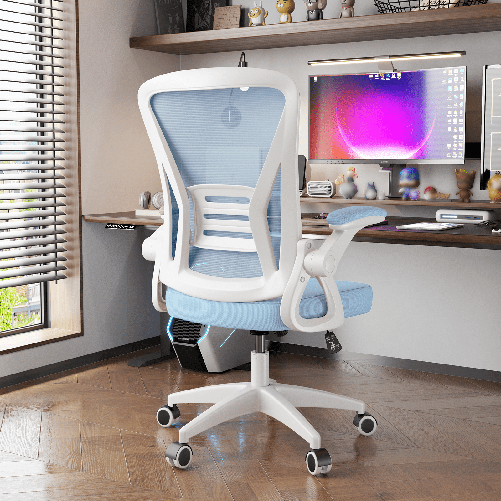 Biggzia Ergonomic Office Chair, Mid-Back Computer Chair with Adjustable Height, Flip-Up Arms and Lumbar Support, Mesh Desk Chair, Blue