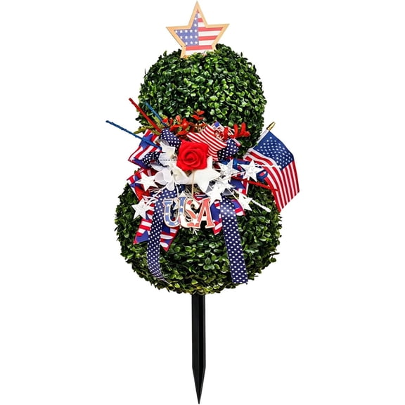 Double Ball Boxwood Topiary Artificial Tree with Star, Patriotic Outdoor Artificial Plants with Ground Stake for 250 Anniversary USA Flag Decorations & 4th of July Independence Day Decor (28in)M