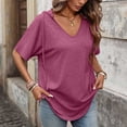 thumbnail image 6 of Kinrui Womens Short Sleeve Hooded T-Shirts Casual V Neck Loose Fit Lightweight Solid Color Pullover Top Wine L, 6 of 8