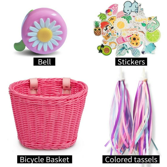 Clearance Sale!Kids Bicycle Basket Streamers Set,Girl’s Bicycle Basket Streamers Decorations Set,Wicker Basket with Streamers,30PC Stickers,2PC Colored Tassels,1PC Bike Bell for Kids